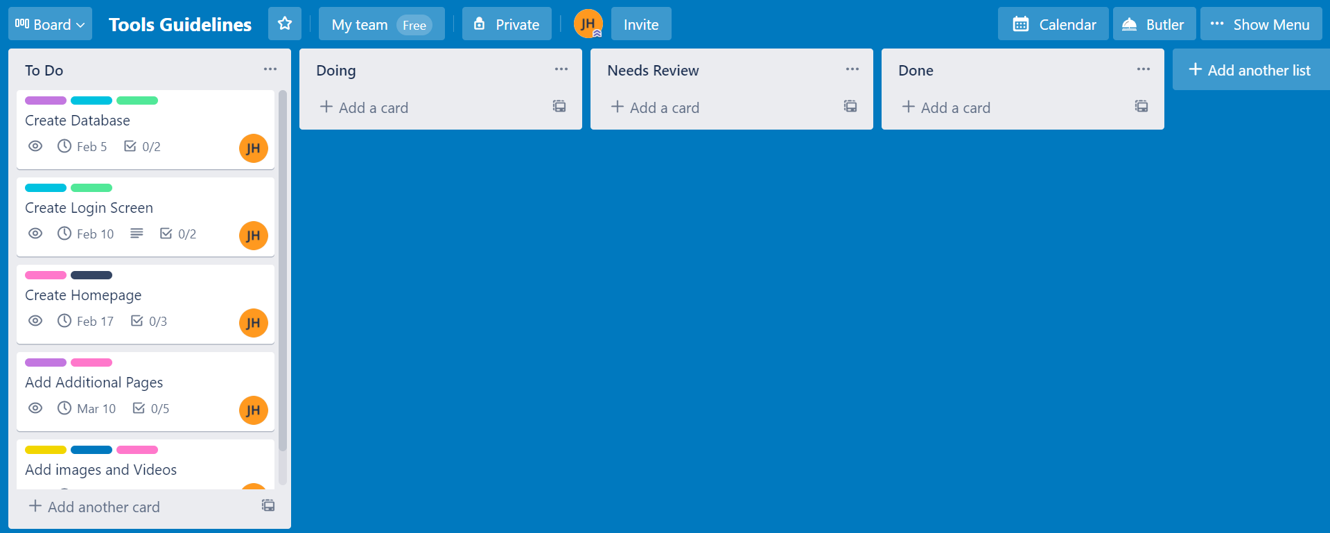 Trello board with tasks added